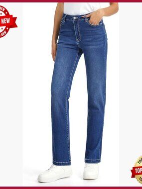 Tall Women's Straight Leg Jeans Stretch Denim Mid Rise Classic Fit Extra Long